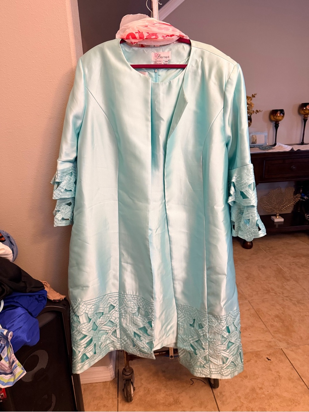Elegant Mint Satin Robe Coat and Dress with Lace Trim by